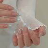 24Pcs Pink Almond False Nails Butterfly Ballet with French Design Wearable Fake Nails Simple Artificial Press On Nails Tips Art