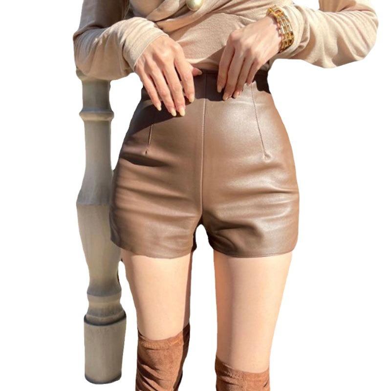 Women's Fall Winter High Waisted A-Line Wide Leg PU Leather Shorts Black & Coffee Elastic Waist Outer Wear Mini Shorts Versatile Slim Fit Hot Pants