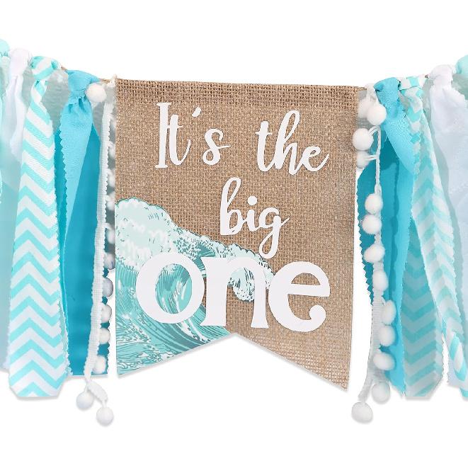 Big One Highchair Banner for 1st Birthday,First Birthday Banner for Baby Boys, Blue Highchair Banner, Pool Party Decorations for Kids Birthday, Cake