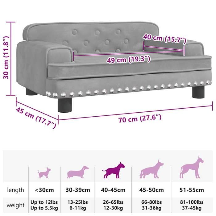 VidaXL Lit pour chien gris clair 70x45x30 cm velours 171883