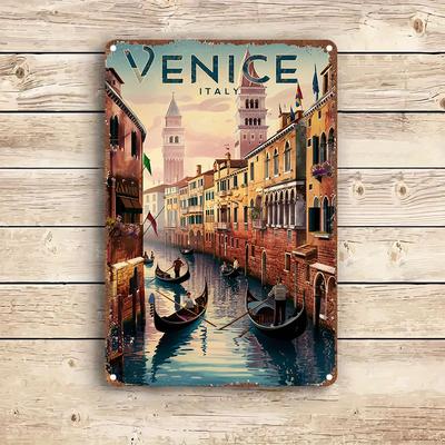 Vintage Venice Italy Landscape Metal Tin Sign Rustic Wall Art with Gondolas Historic Buildings Perfect for Home Bar Cafe