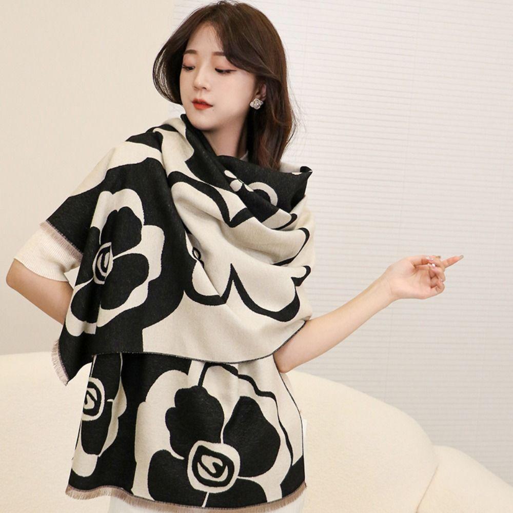 Black White Printed Scarf Camellia Large Wool Shawl Elegant Winter Cashmere Scarves  Girl