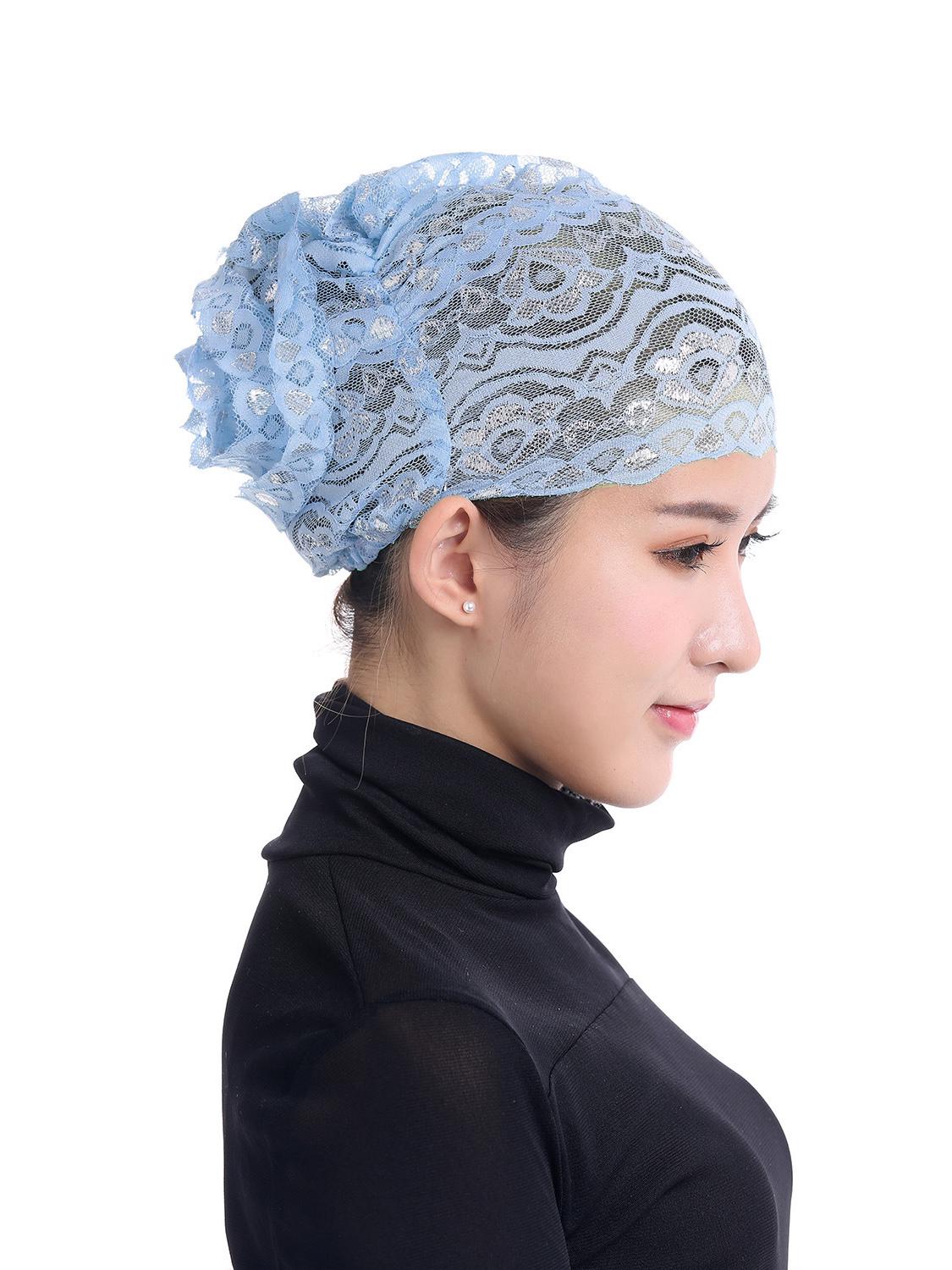 

Женский кружевной глиттерный подшапочник с цветком - TC305 Горячий товар небесно-голубой