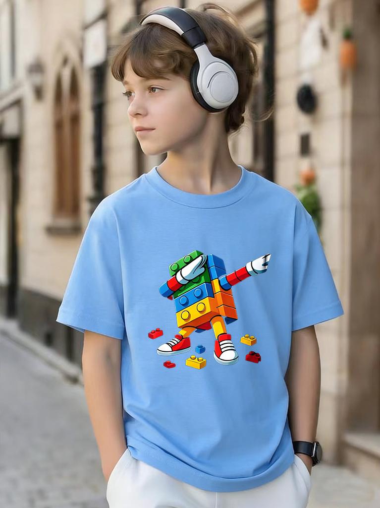 Summer Childrens Dab Dance Colorful Building Block Robot Printed ShortSleeved TShirt Boys and Girls Comfortable Casual Top