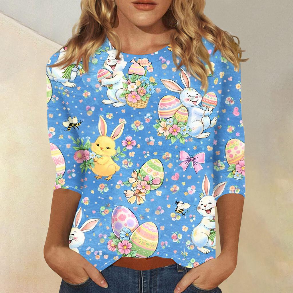 Modisches lässiges Damen-Pullover-Oberteil mit Dreiviertelärm und Osterdruck, Rundhalsausschnitt
