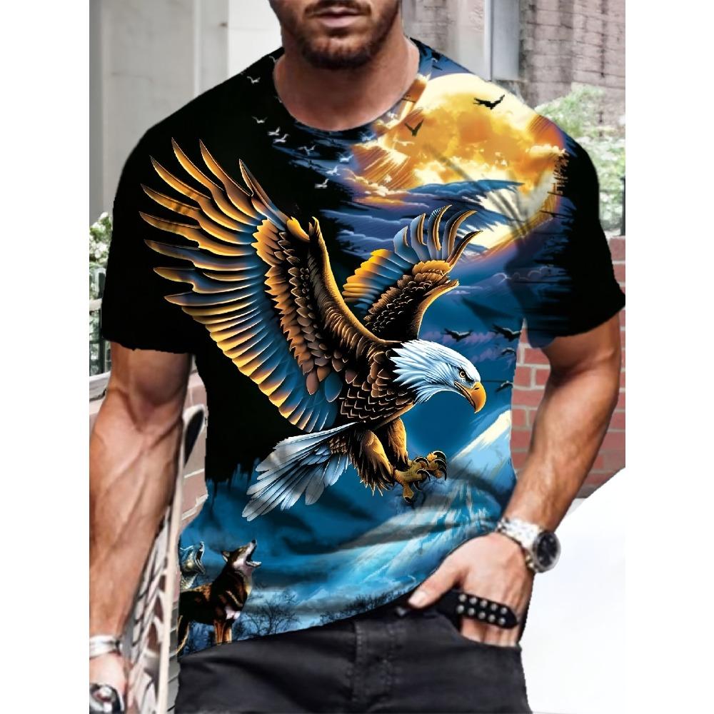 

Мужская футболка с 3D-рисунком орла - Короткий рукав, Круглый вырез, Яркий дизайн орла и волка, Летняя повседневная уличная одежда 6XL