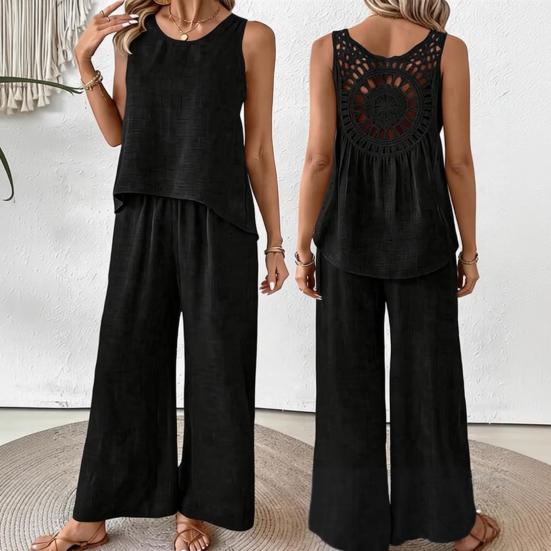 Women Summer 2 Piece Outfits Back Tank Top Sleeveless Hollow And Wide Leg Pants Set Boho
