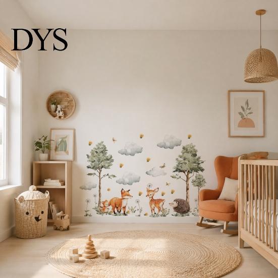 Gentle Healing Style Wall Decor Watercolor Forest Animals Stickers, Cute Fox Deer Hedgehog PVC Waterproof Decals, Low Saturation Cartoon Stickers Peel