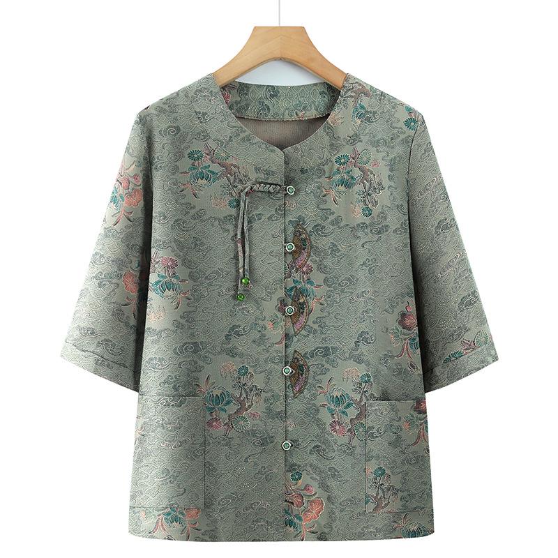 

2026 Spring/Summer Slimming Printed Shirt for Plus Size Middle-Aged & Elderly Women 5XL (recommended 145-160 jin) зелений