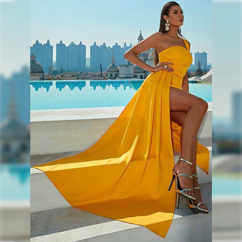 Annual Party Evening Dress Long Skirt Prom Party Slit Evening Gown Party Dresses Long Maix Yellow S