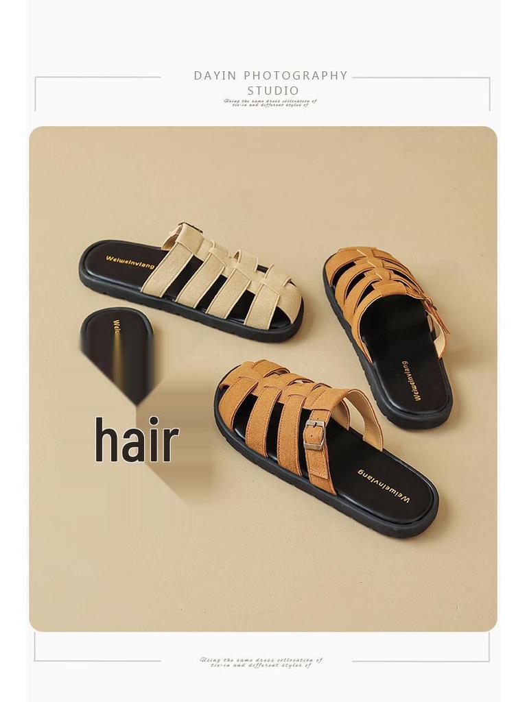 Weiwei Girl Women's French Retro Pointed Toe Woven Roman Slippers Sandals for Summer