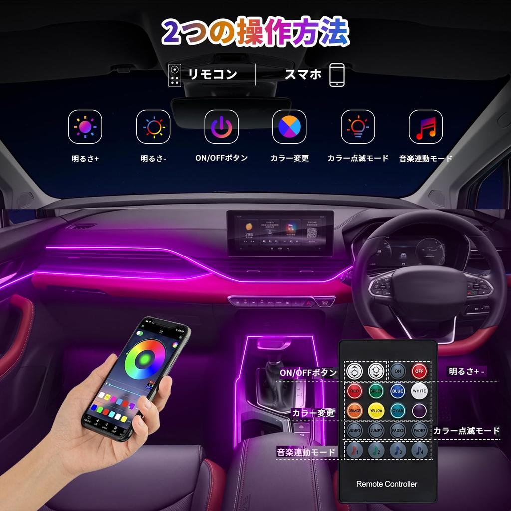 OBEST Car LED Strip High Infinitely Adjustable Stepless Adjustable Remote Control 12V Light, RGB, Brightness, App-Enabled, Sound-Responsive, Colors,