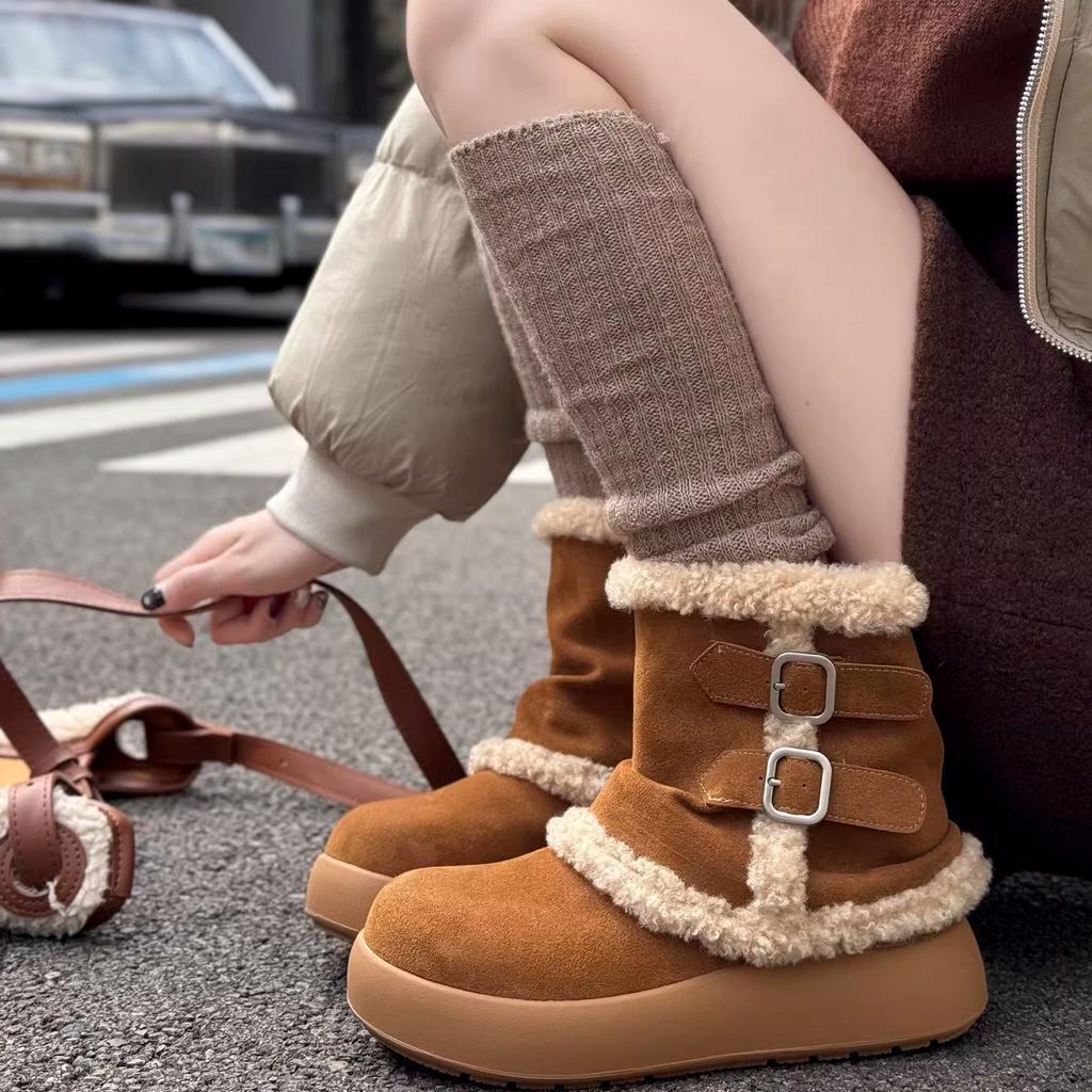 Thick-soled Medium Tube Snow Boots Women's 2025 Autumn and Winter New Altay Fur Integrated Plush Warm Wool Cotton Shoes