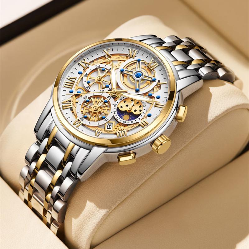 Ceas de mână elegant cu schelet pentru bărbați, cu mecanism quartz: Luminos, Rezistent la apă, Brățară din oțel