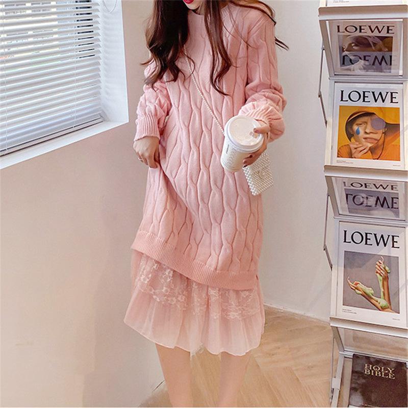 Gentle wind splicing fake two-piece sweater skirt women's autumn and winter twist loose base medium and long a-word dress