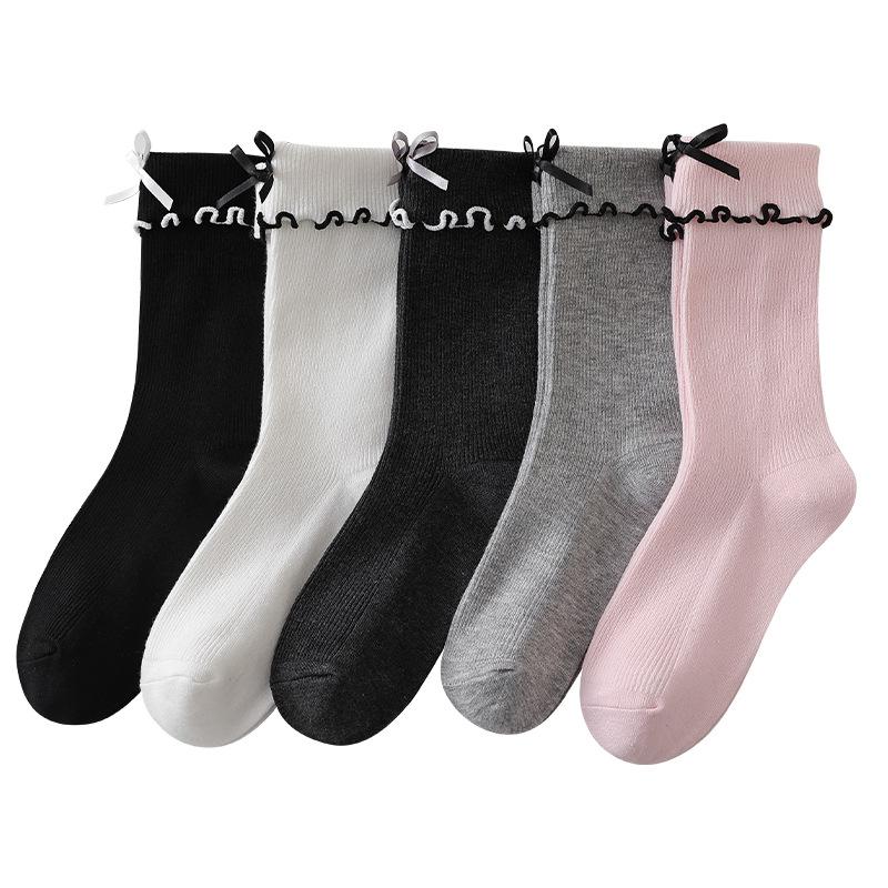 Women's Spring and Autumn Double-needle Bow with Loose Lace, Super Soft Pile Socks with Black Fungus Edge