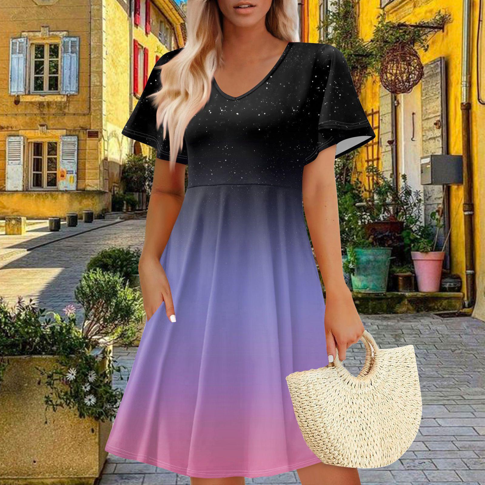 

Женское летнее платье повседневное свободное цветочное оборка с коротким рукавом сарафан пляжное платье А-силуэта с карманами L розовый