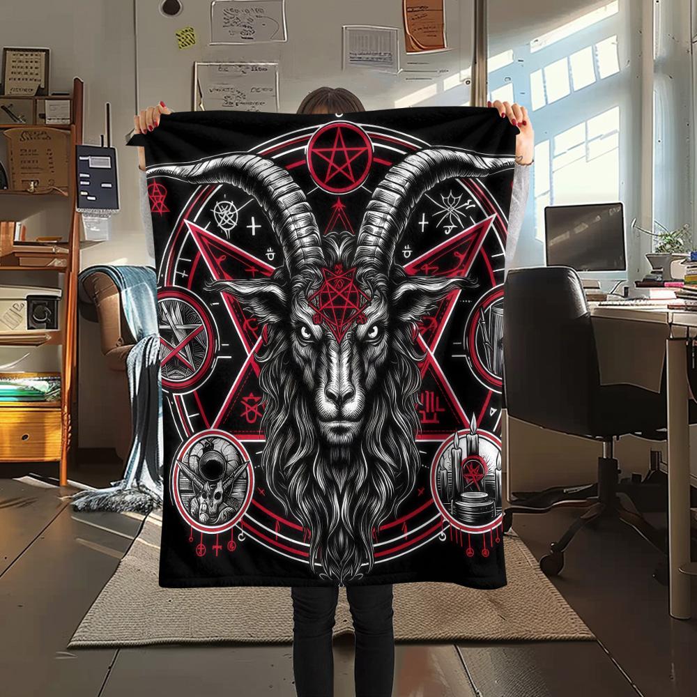 1PC Satan Print FlAannel Blanket, High quality Comfortable for All Seasons, Home Decor, Warmth and Comfort
