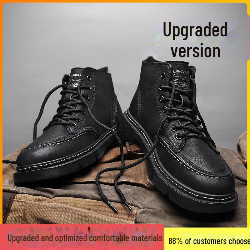 Men's 2024 Anti-Slip Soft Sole British Style Leather High-Top Boots, Work Boots, Martin Boots, Plus Velvet for Autumn and Winter.