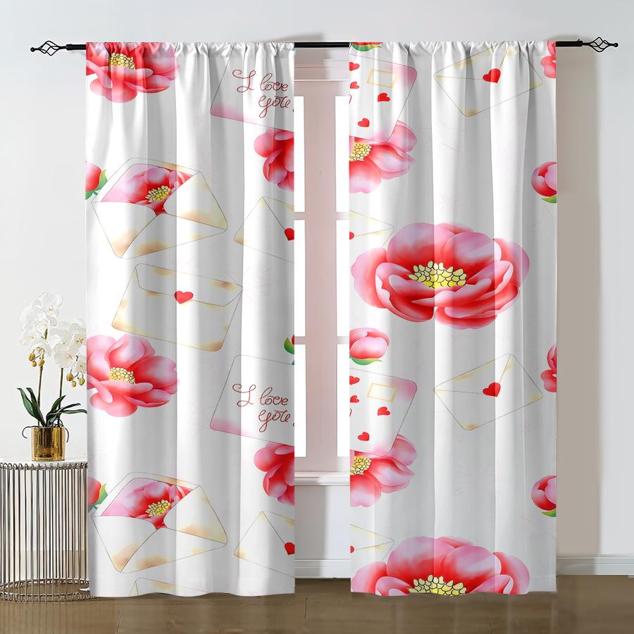 2pcs Romantic Flower & Love Letter Curtains, Perfect for Valentine's Day Window Decor, Rod Pocket Curtains