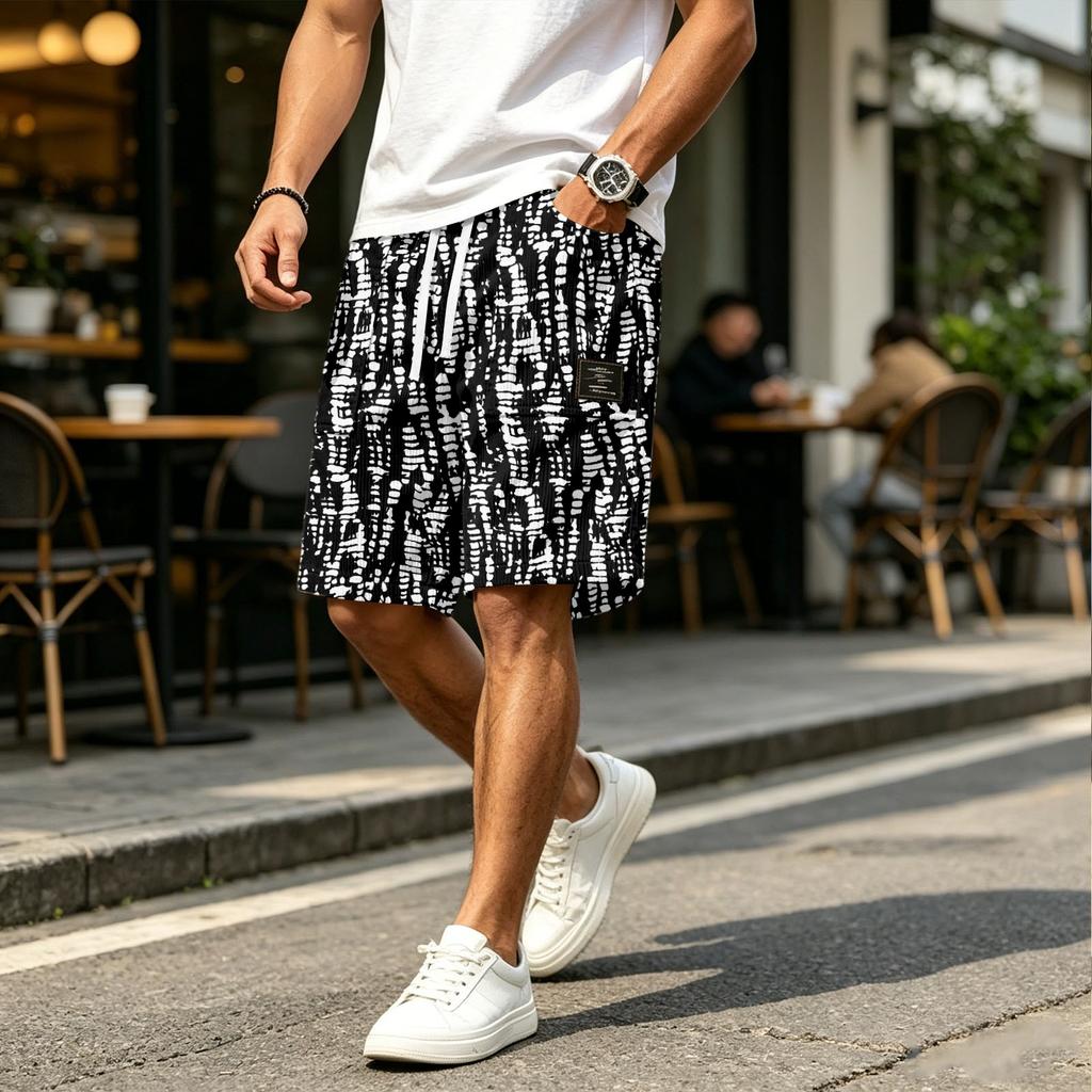 Men's Casual Corduroy Drawstring Shorts Gradient Pattern Elastic Waistband Lightweight Summer Beach Wear