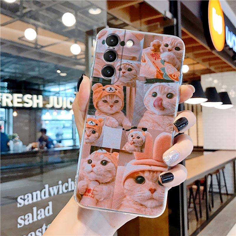 Funny Cartoon Line Art Cat Cute Animal Transparent Case for Samsung Galaxy S22 S21 S20 FE S 22 Ultra S10E S9 Plus 5G Cover Coque