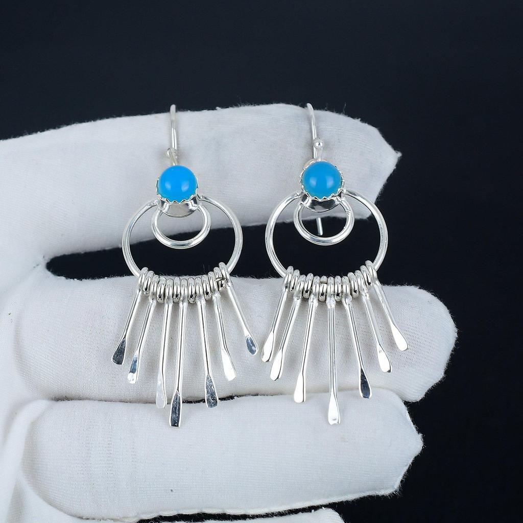 Blaue Chalcedon Edelstein Hängeohrringe 925 Sterlingsilber Ohrring, Handgefertigter Boho Silber Schmuck Hängeohrringe, Valentinstagsgeschenk