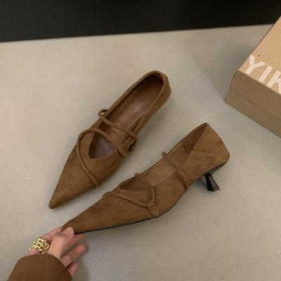 French Retro Suede Pointed Toe Thin Heel Mary Jane Single Shoes Women's 2025 Spring New Commuter Kitten and Evening Shoes