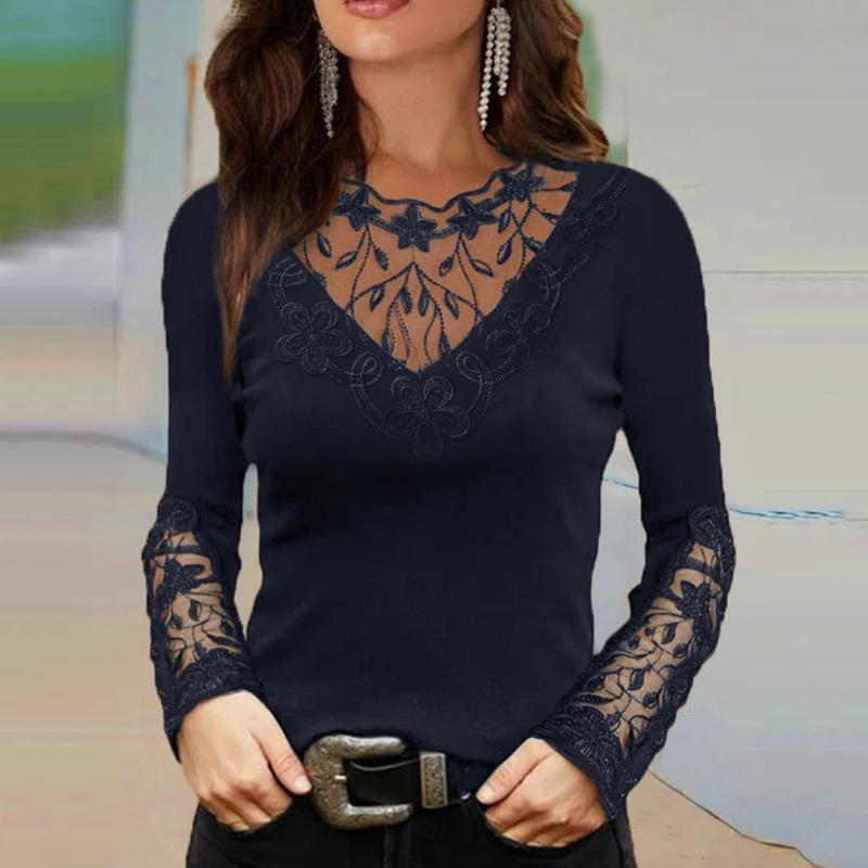 Spring and Autumn New Women's Fit Sexy Deep V Lace Collar Lace Long Sleeve T-Shirt