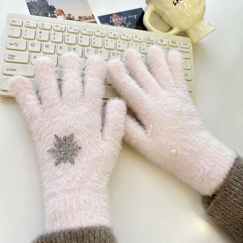 

Korean Style Furry First Snow Star Gloves Touch Screen Finger Gloves Thickened Warm Mink Velvet Knitted Gloves one size