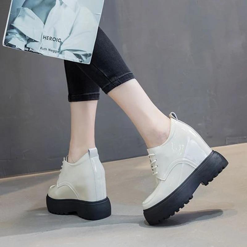 Fashion 11CM High Heels Pu Leather Platform Wedge Sneaker Women Shoes inner heighten Women Pumps Autumn Spring Lace Up Platform Shoes