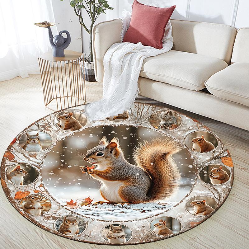 Squirrel Round Area Rug,Carpet Rug for Living Room Bedroom Sofa Playroom Decor,Non-slip Floor Mat