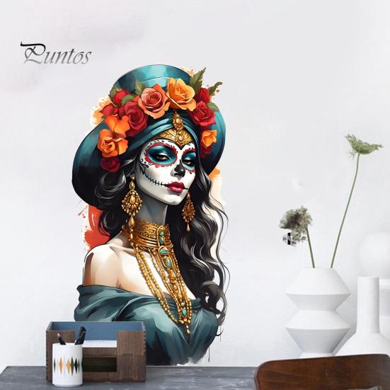 DIY Holiday Party Scene Layout Mexican Katrina Skeleton Girl Wall Sticker, Day of The Dead Artistic Portrait Decals Decal, Waterproof PVC Cling