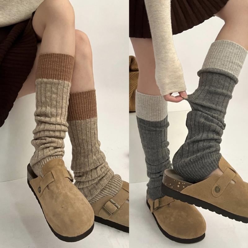Womens Winter Warm Ribbed Knit Leg Warmers Japanese Style Harajuku Vintage Colorblock Long Boot Socks Thermal Leg Cover