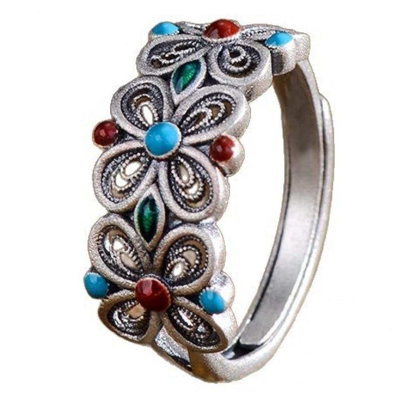 Adjustable Vintage Floral Filigree Enamel Ring Women Men Boho Lucky Clover Design Copper Alloy Band