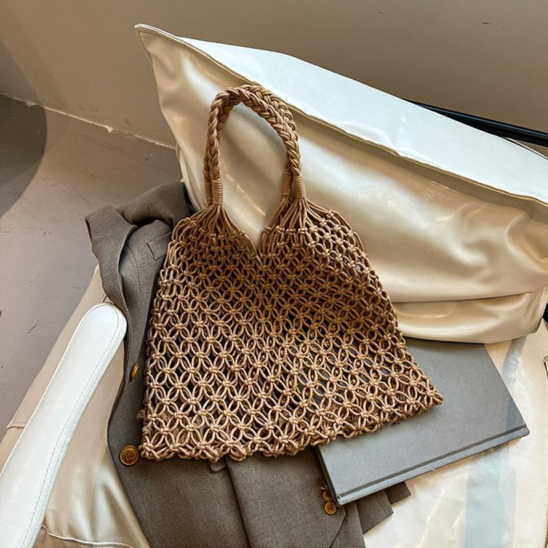 and-Woven Bag Women Handmade Hollow Handbag Female Shoulder Bag Big Capacity Summer Casual Travel Beach Tote Purse