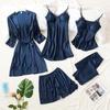 Women's Silk Five-Piece Pajama Set: Spring/Autumn Nightdress & Robe with Chest Pad