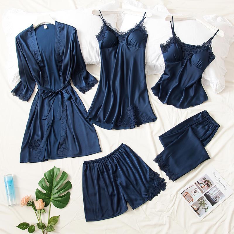 Women's Silk Five-Piece Pajama Set: Spring/Autumn Nightdress & Robe with Chest Pad