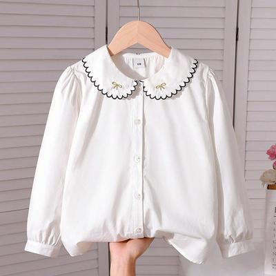 Girls White Long Sleeve Blouse 100% Cotton Ruffled Collar Bow Embroidery Spring Autumn Top for Kids Aged 5-12