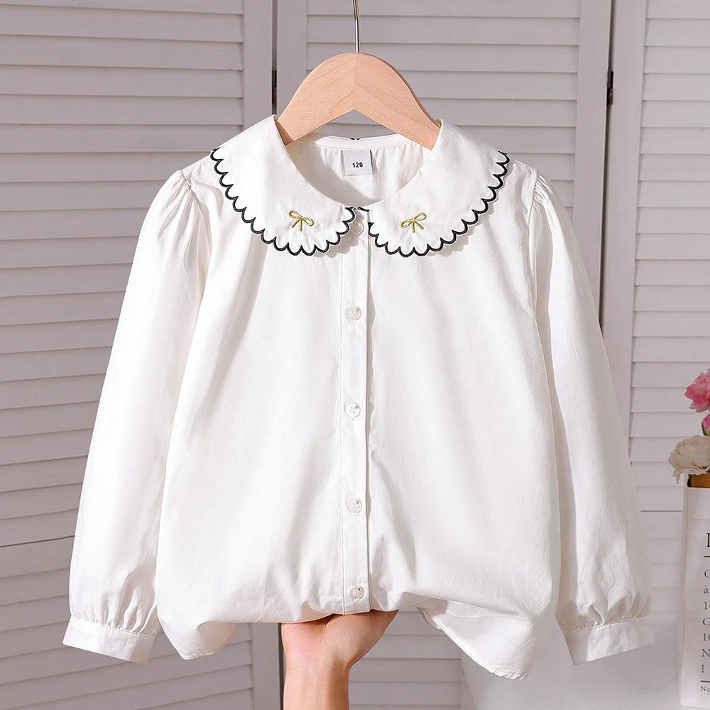 

Белая блузка с длинным рукавом для девочек, 100% хлопок, воротник с оборками, вышивка бантом, весенне-осенний топ для детей 5-12 лет 140 белый