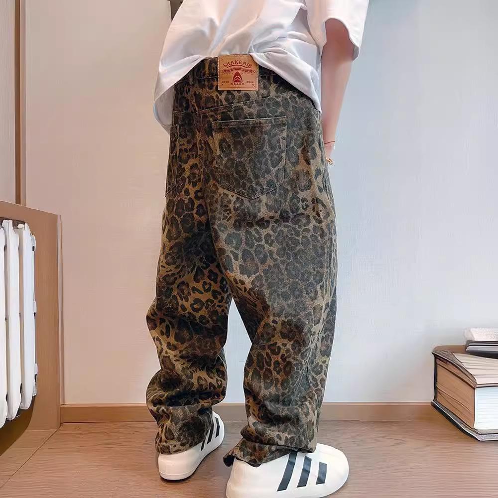 JYL Unisex Leopard Print Jeans   Straight Loose Autumn Winter Denim