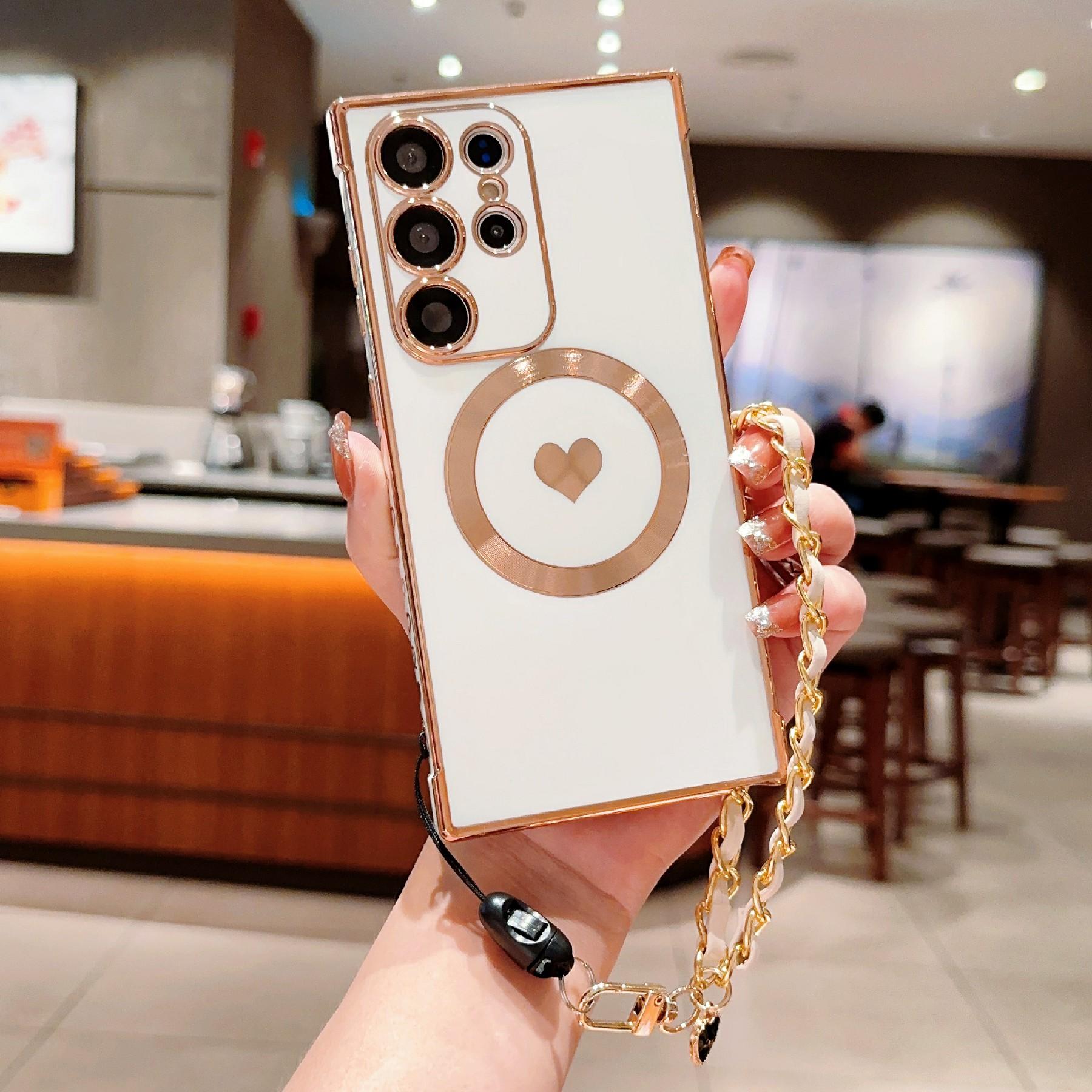 

Для Samsung Galaxy S25 Ultra Чехол Совместимый с MagSafe Позолоченный мягкий ТПУ чехол с цепочкой-ремешком для руки в виде сердечка Ivory White