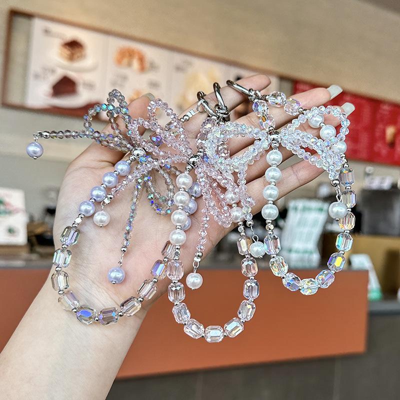 Mobile Phone Chain High-end Three-dimensional Crystal Bow Key Lanyard, Pearl Mobile Phone Lanyard Wrist Wholesale