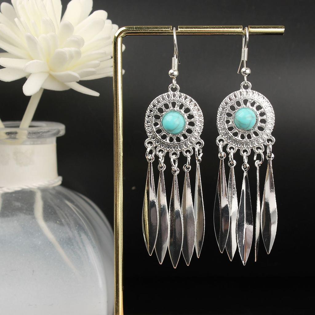 Turquoise Earrings Bohemian Drop Ear Earrings with Tassels, Geometric Alloy, Retro Style, Boastful Ear Accessories