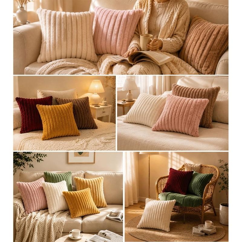 Guest Room Pillowcase Set of 4, 45 x 45 cm with Ribbed Front and Smooth Reverse for Sofa Line Indoor Seating Use