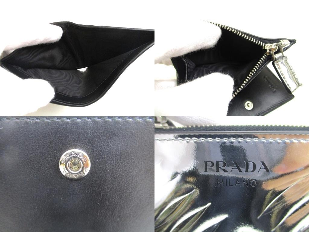PRADA Silver and Black Leather Bifold Wallet Compact Wallet #a592