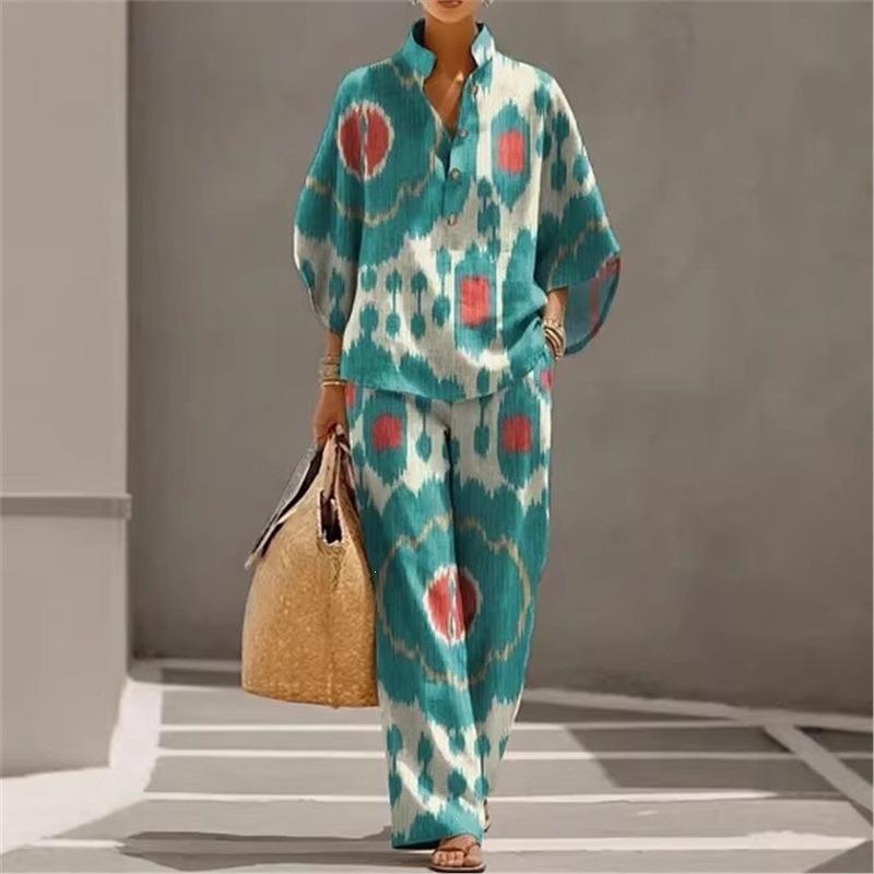 1116 New Women's Printed Two-piece Set Lazy Wind Loose Wide Leg Pants Set European and American Versatile Women