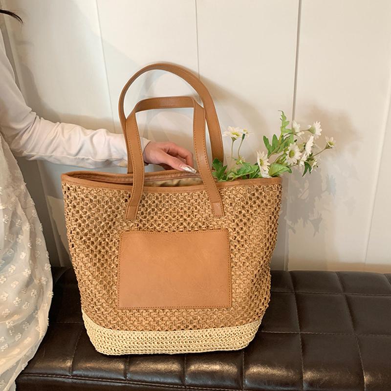 Women Crochet Beach Handbag PU Patchwork Weaving Travel Bag Contrast Color Simple Shoulder Bag Ladies Summer Daily Bag AVE