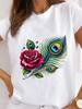 (Asian Size) Women Casual T Shirt Tee Top Feather Flower Cute  Fashion Printed Lady Female Graphic Short Sleeve T-shirts Clothing