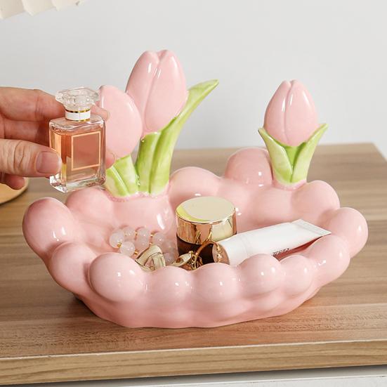 Keramická miska na klíče ve tvaru tulipánu Růžové květy Miska na šperky Dekorativní stolní organizér na šperky Hodinky Vstupní hala Ložnice Komoda